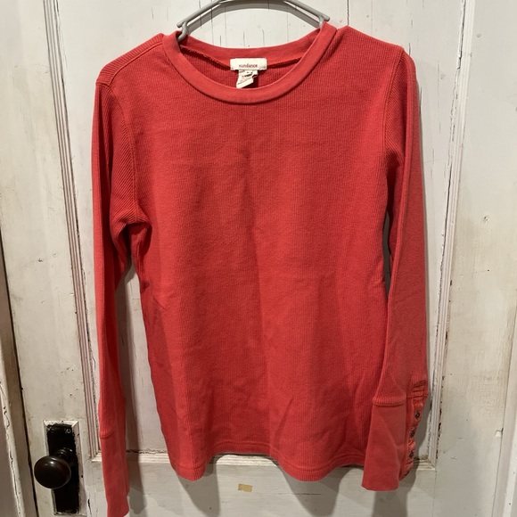 Sundance Coral Pink Waffle Knit Long Sleeve Button Cuff Thermal Top M - Picture 2 of 5